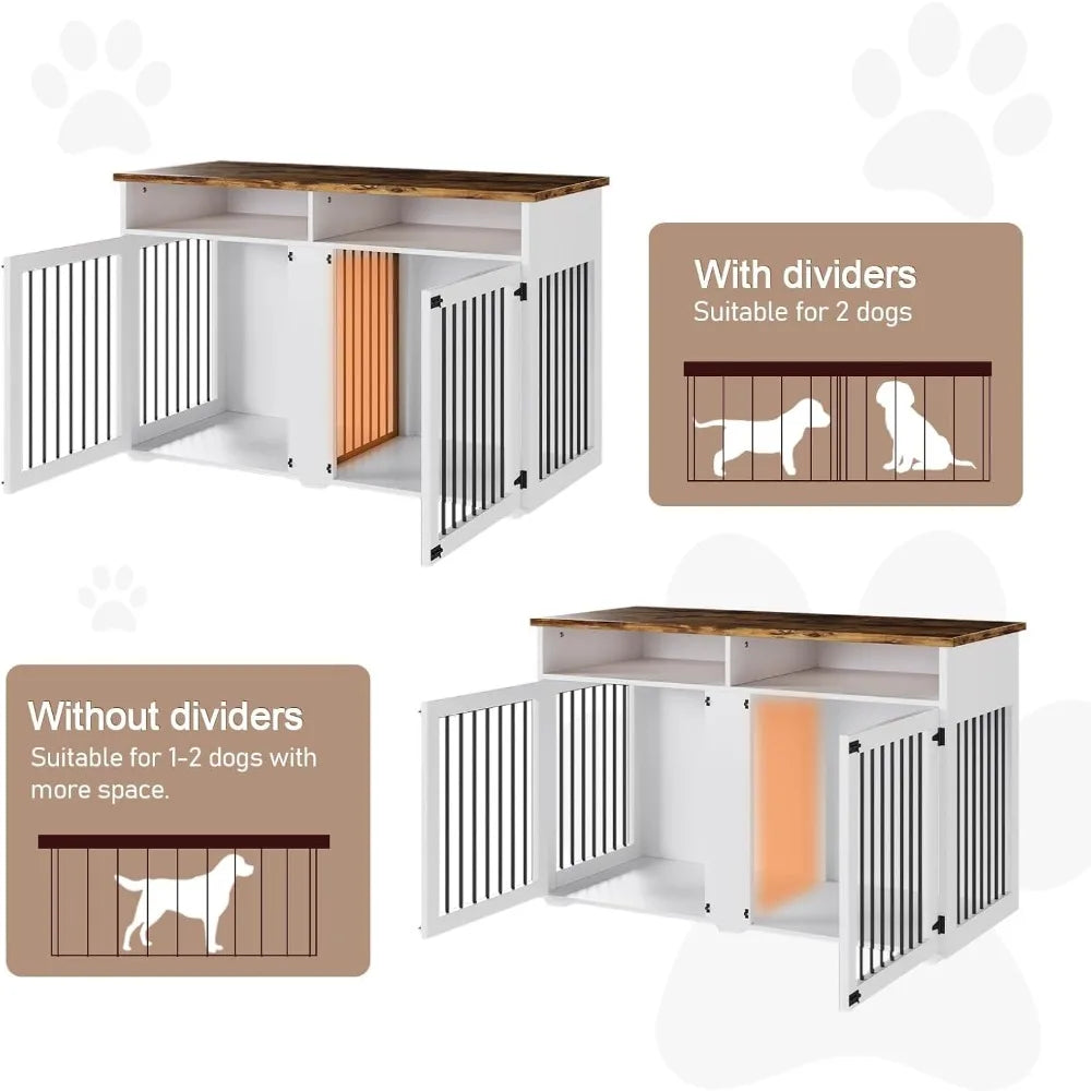 55'' Crate Furniture for 2 Dogs, Wooden  with Storage Compartment, Indoor