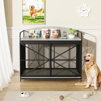Crate Furniture Wooden  w/ Metal Sliding Door Indoor Chew-Resistant Pet Kennel Side End Table For Medium/Large Dogs