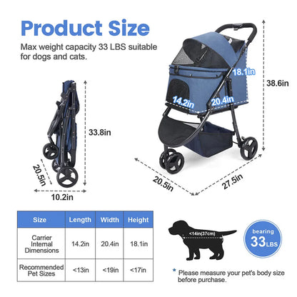 Pet Stroller Bag Travel Car Foldable 300lbs  Dogs Cat ,3 Wheels