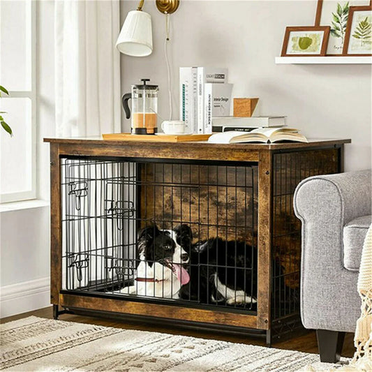 Large Elevated Dog Crate Wooden End Table with Double Door and Removable Tray Indoor